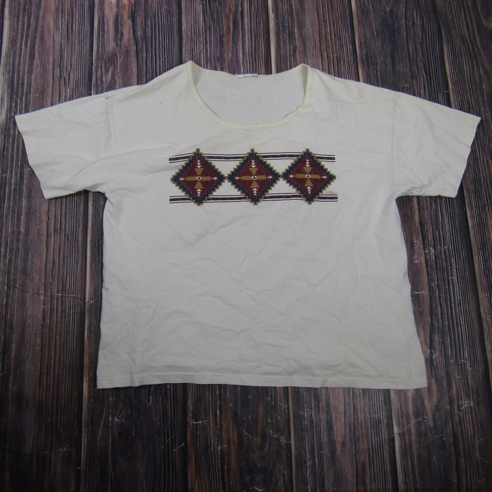 Vintage Southwestern Diamond Shirt Mens L White Embroidered Single Stitch Tee